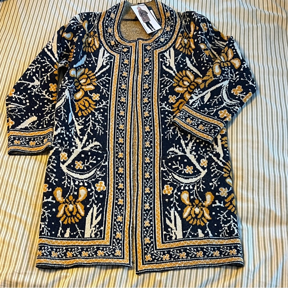 Max Sport Navy and Mustard Floral Patterned Long Cardigan -  2 Front Pockets